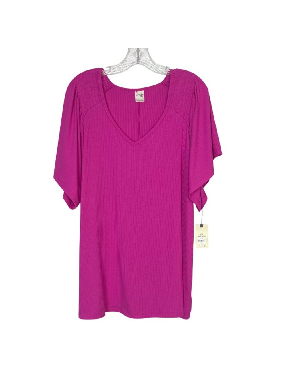 Terra & Sky TS Flutter Sleeve Rib Top Shirt Vneck 2X Pink New Summer Casual